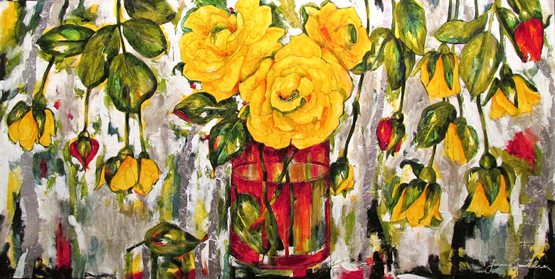 Image of art work “Glasswork and Yellow Roses”